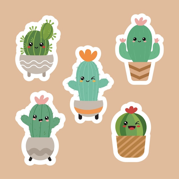 Vector colección vectorial de lindos cactus kawaii en macetas