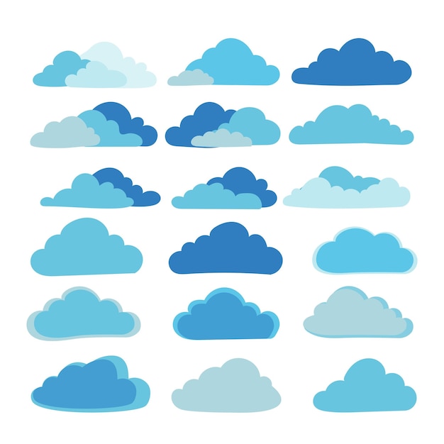 Colección vectorial de nubes de dibujos animados en varios tonos azules El conjunto presenta múltiples formas de nubes