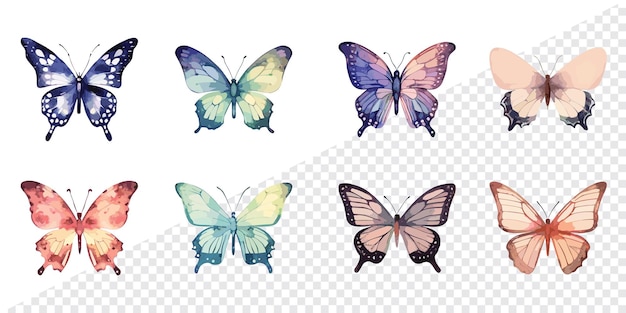Colección vectorial de ocho mariposas de acuarela Clipart de mariposa Ilustración png de mariposa