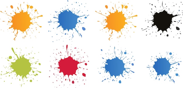 Colección vectorial de ocho salpicaduras de pintura vibrante en colores audaces dispuestas