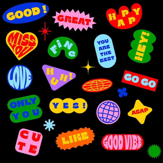 Colección vectorial de pegatinas y elementos vintage de palabras positivas sobre fondo negro