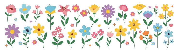 Colección vectorial plana de coloridas flores de primavera de varias formas y tamaños con hojas verdes