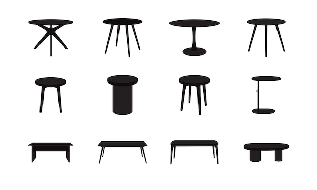Colección vectorial de silueta de mesa moderna Amplificador de café de comedor Iconos de escritorio de oficina