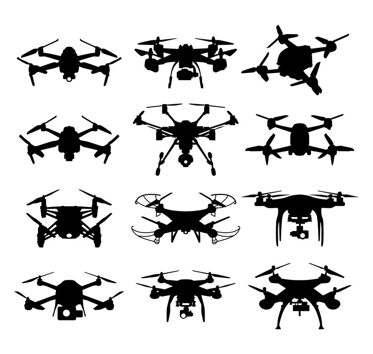 Vector colección vectorial de siluetas aisladas de drones en diferentes vistas
