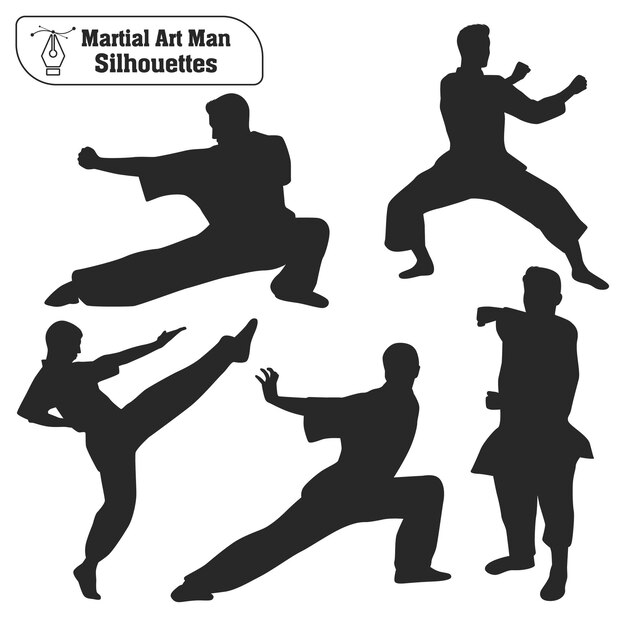 Colección vectorial de siluetas de hombres de artes marciales en diferentes poses