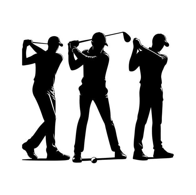 Colección vectorial de siluetas de jugadores de golf en diferentes posturas