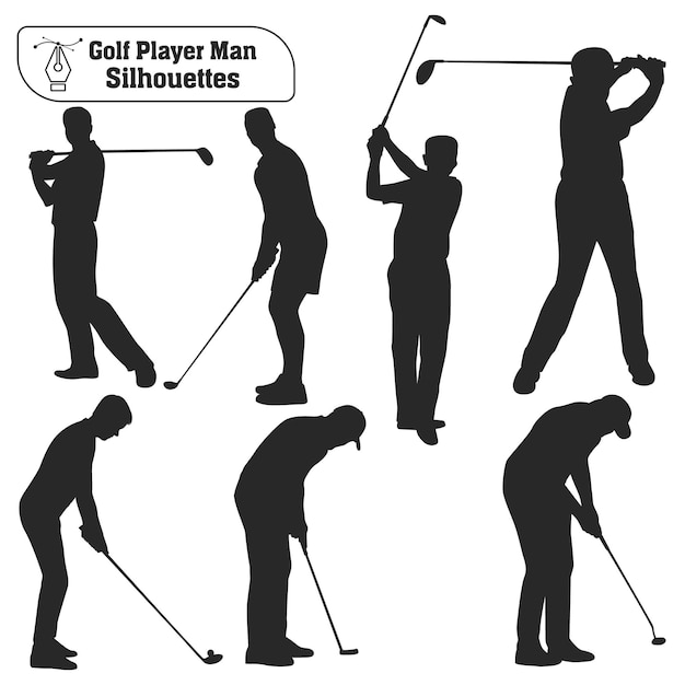 Colección vectorial de siluetas masculinas de jugadores de golf en diferentes poses