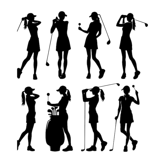 Vector colección vectorial de siluetas masculinas de jugadores de golf en diferentes poses