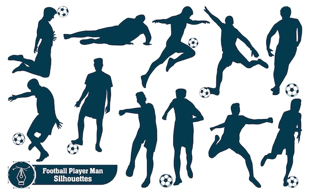 Vector colección vectorial de siluetas masculinas jugando fútbol o fútbol en diferentes poses