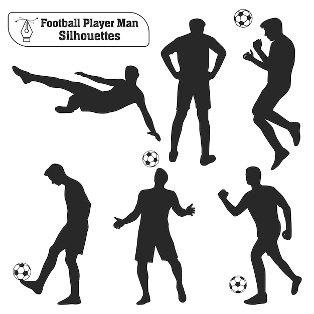 Colección vectorial de siluetas masculinas jugando fútbol o fútbol en diferentes poses