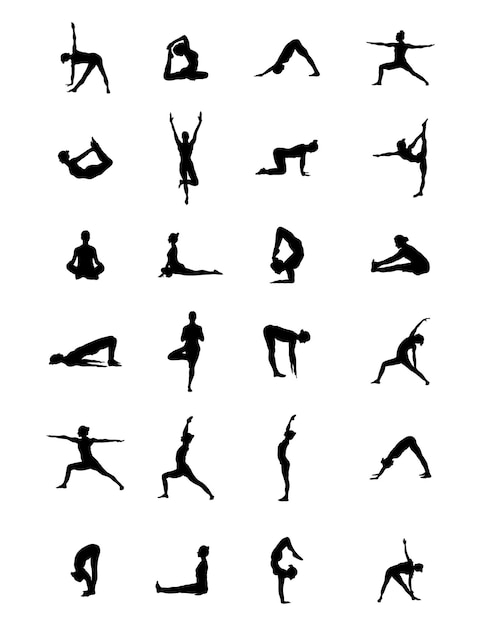 Vector una colección vectorial de siluetas de posición de yoga para composiciones artísticas.