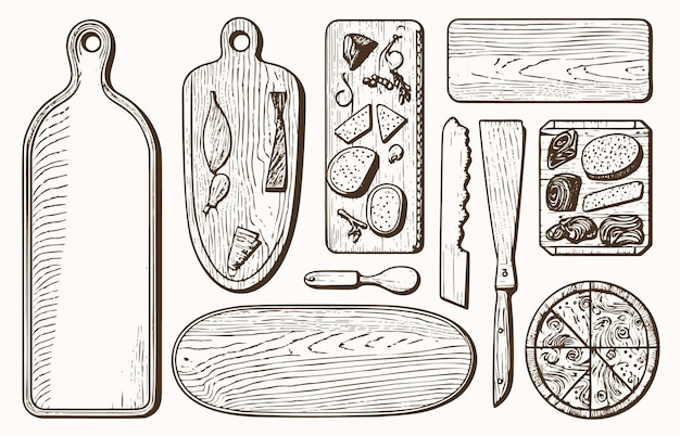 Colección vectorial de tablas de cortar de madera dibujadas a mano en estilo grabado Incluye tablas para cortar pan y baguette Aisladas sobre fondo blanco