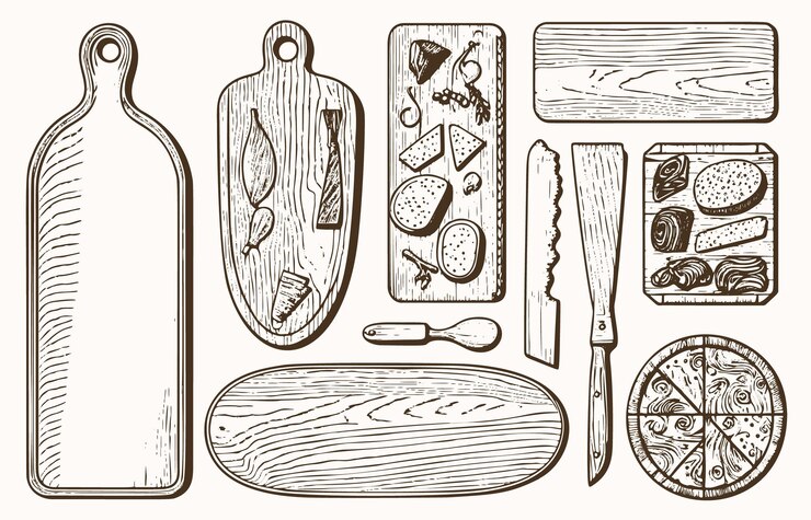Vector colección vectorial de tablas de cortar de madera dibujadas a mano en estilo grabado incluye tablas para cortar pan y baguette aisladas sobre fondo blanco