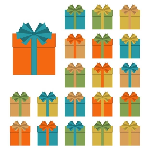 Colección de veinte cajas de regalo multicolores. Ilustración vectorial