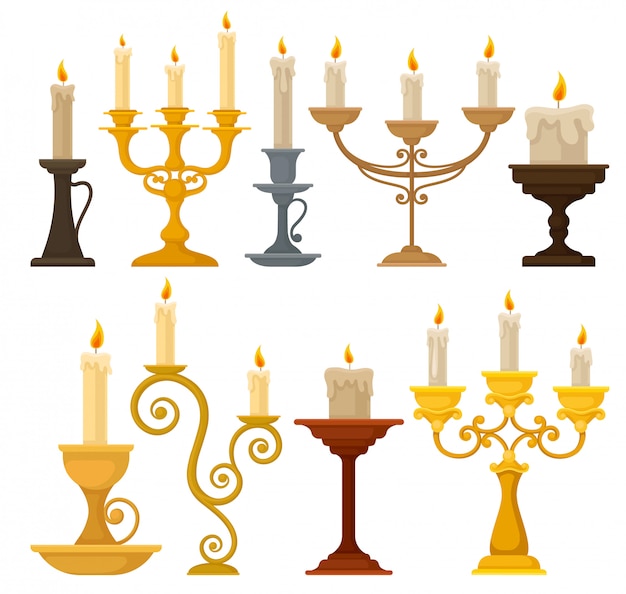 Colección de velas en candelabros, candelabros vintage y candelabros ilustración sobre un fondo blanco.