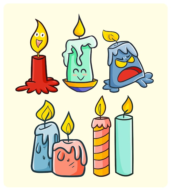 Vector colección de velas divertidas en estilo doodle simple
