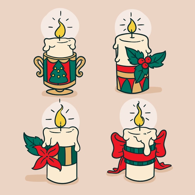 Colección velas navideñas dibujadas a mano