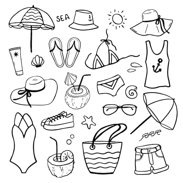 Vector colección de verano de iconos de garabatos vectoriales ropa y accesorios de verano lineal en blanco y negro
