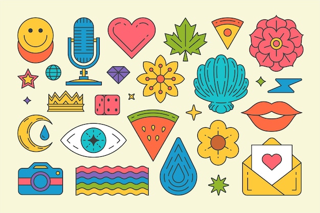 Colección verano multicolor pop art pegatinas vector dibujos animados retro micrófono arco iris bandera