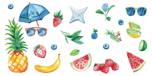 Colección de verano de verano Conjunto de elementos de verano y diseño sobre un fondo blanco