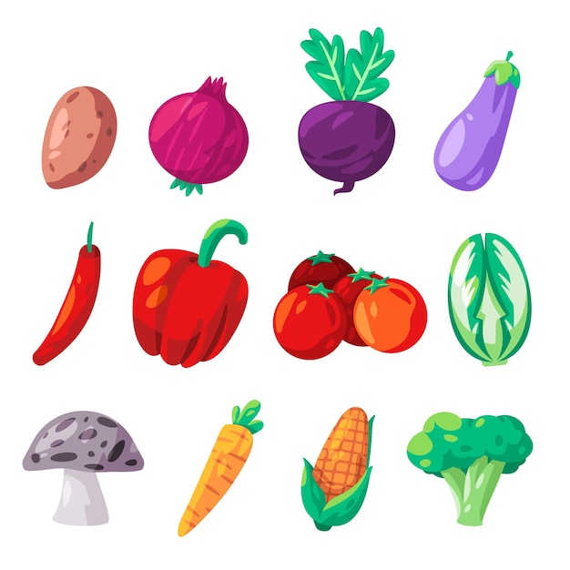 Colección de verduras conjunto de ilustración de iconos dibujo colorido de remolacha chile berenjena brócoli