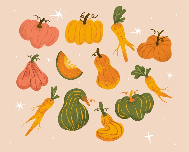 Colección de verduras de la cosecha de Acción de Gracias con calabazas