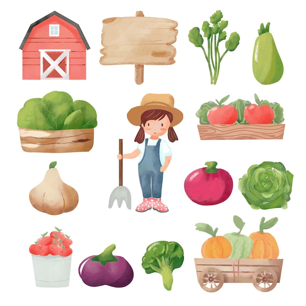 Vector colección de verduras granjera chica con verduras