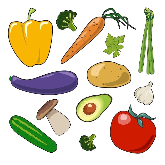 Una colección de verduras que incluyen tomate, pepino, cebolla, brócoli, tomate, ajo y pepino.