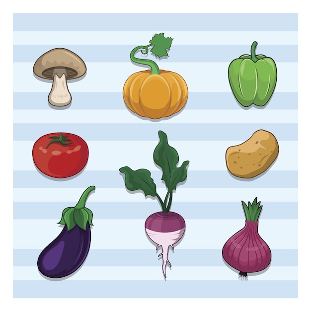 Vector colección de verduras sobre fondo de rayas