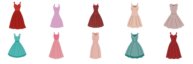 Colección de vestidos en estilo plano Arte vectorial dibujado a mano