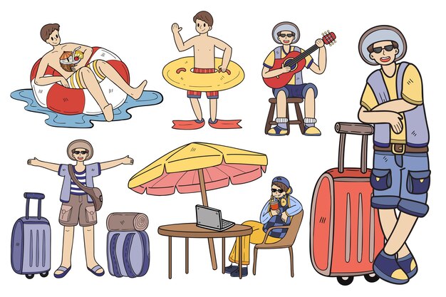 Colección de viajeros al aire libre dibujada a mano en ilustración de estilo plano para ideas de negocios