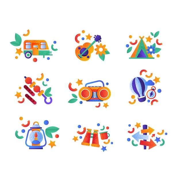 Vector colección de viajes y equipos de camping coloridos iconos de viajes de verano ilustración vectorial en un