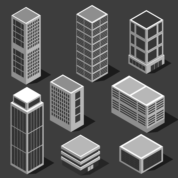 Vector una colección vibrante de edificios isométricos