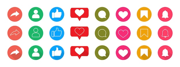 Colección de vibrantes iconos de redes sociales que incluyen compartir el pulgar hacia arriba usuario como el comentario del corazón