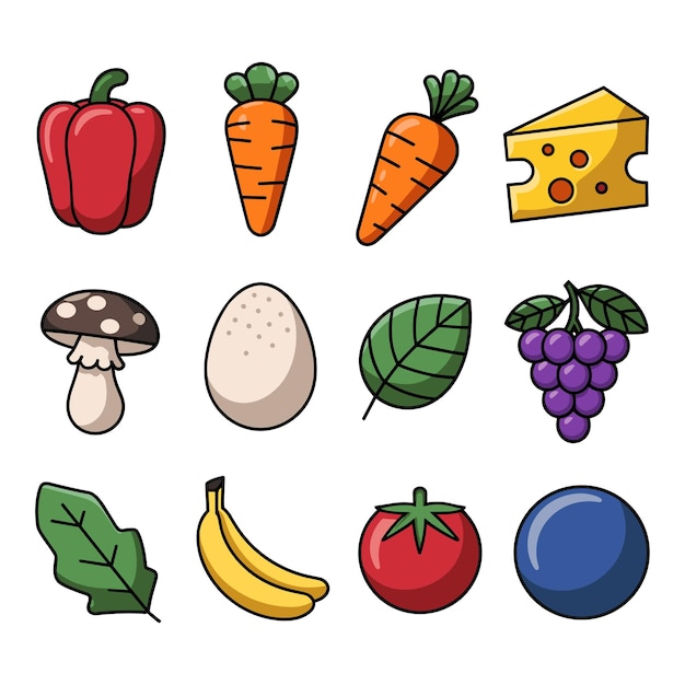 Colección de vibrantes iconos vectoriales con varios ingredientes alimenticios en estilo de diseño plano