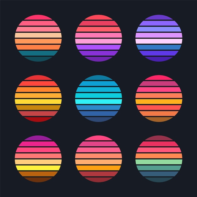 Colección vintage de puesta de sol coloridas insignias de amanecer a rayas en estilo s y s sol y vista al océano verano.