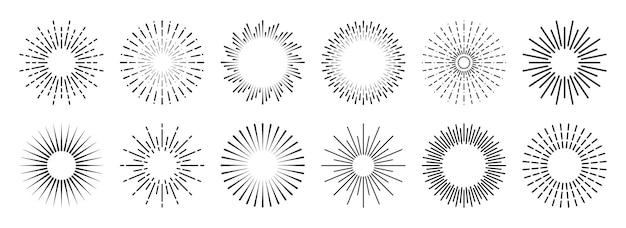 Colección vintage de rayos de sol estallando rayos de sol fuegos artificiales logotipo o letras elemento de diseño radial