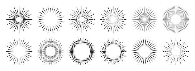 Colección vintage de rayos de sol estallando rayos de sol fuegos artificiales logotipo o letras elemento de diseño radial