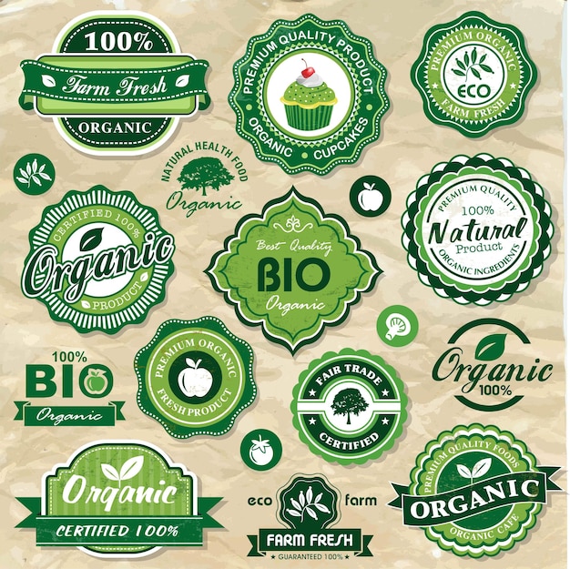 Vector colección de vintage retro grunge bio y eco etiquetas orgánicas productos naturales