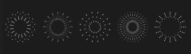 Colección Vintage sunrise Sunburst set Vector elementos de rayos de luz sobre fondo negro Vector
