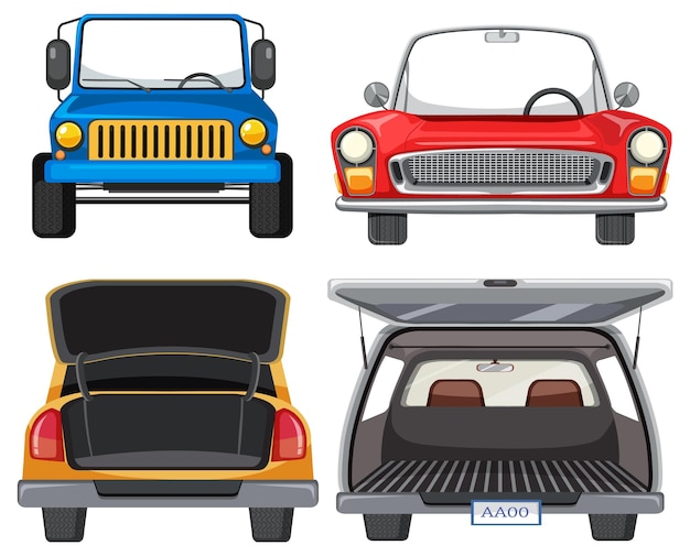 Colección de vista frontal y trasera de coches clásicos antiguos