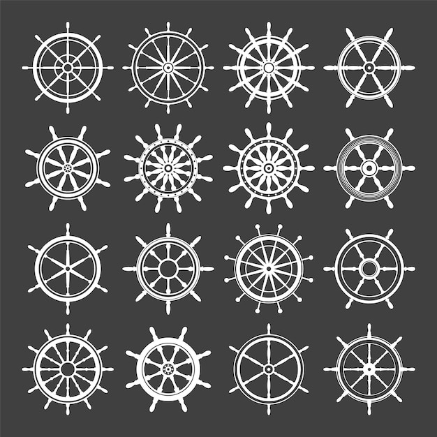 Colección de volantes vintage blancos barco yate símbolo de rueda retro icono de timón náutico