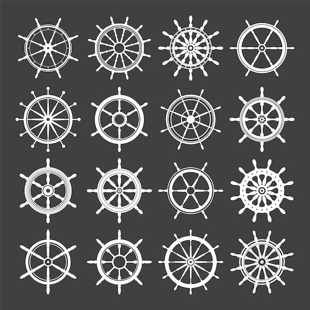 Colección de volantes vintage blancos barco yate símbolo de rueda retro icono de timón náutico