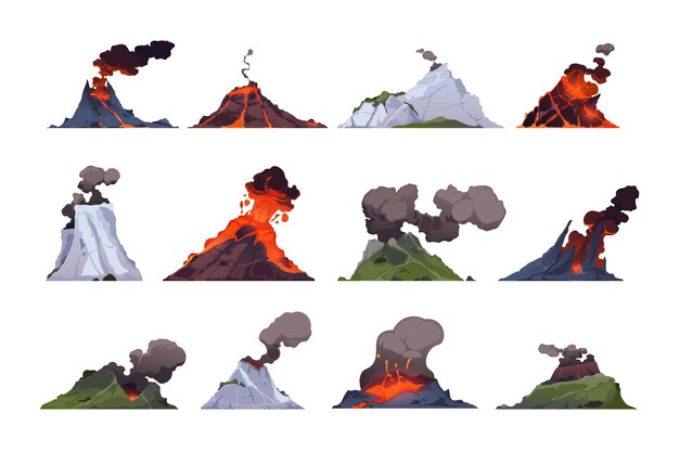Colección de volcanes Explosión de roca con humo de magma y cenizas Explosión de cráter de montañas volcánicas con erupción geotérmica de lava y polvo Conjunto de vectores