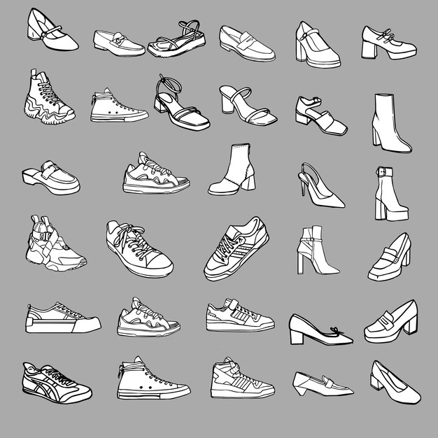 Vector colección de zapatos de moda en blanco y negro dibujados a mano