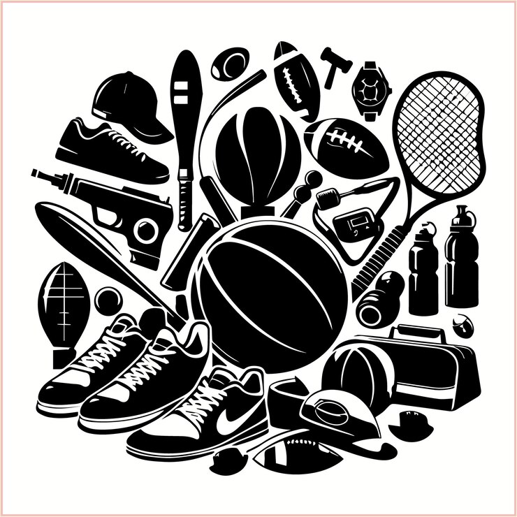 Vector una colección de zapatos y una raqueta de tenis con una pelota de tenis en el medio