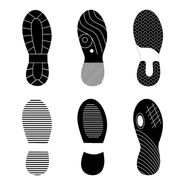 Colección de zapatos y zapatillas de huella negra varias siluetas aisladas de zapatos de suela de huella conjunto vectorial de pisada de pista