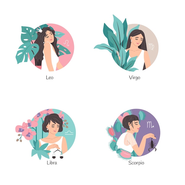 Colección del zodiaco con una mujer hermosa Leo Virgo Libra Escorpio horóscopo astrología signo símbolo ilustración vectorial con plantas de interior