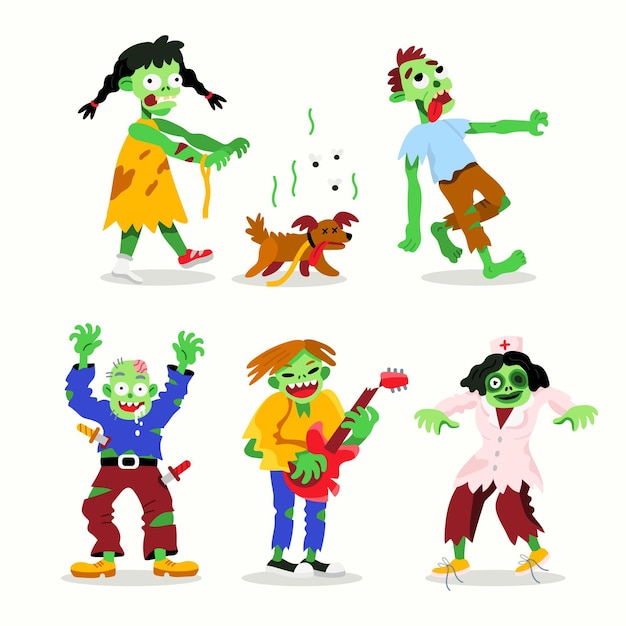 Colección de zombies de halloween planos dibujados a mano