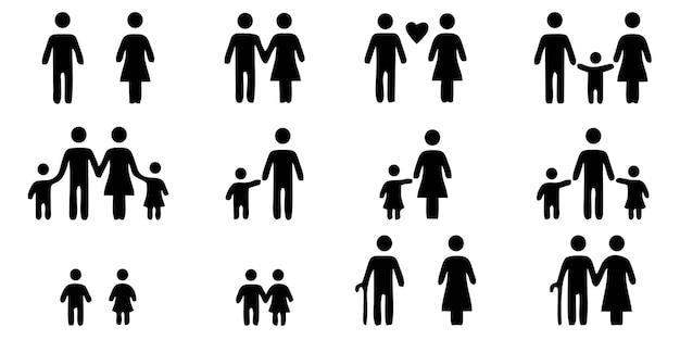 Colecciona siluetas familiares. Conjunto de siluetas de personas. Conjunto de iconos de personas en blanco y negro